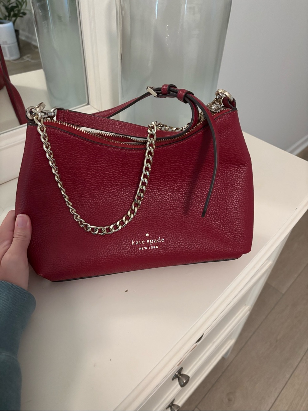 kate spade Cherry Red Pebbled Leather Shoulder Bag with Chain